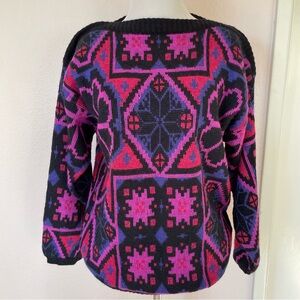 Vintage 80s Honey Artsy Boho Tribal Knit Sweater Lurex Oversized Free Size